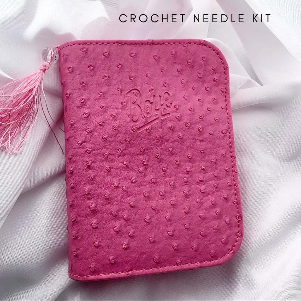 Pink Faux Ostrich Crochet Needle Zip-Case Set